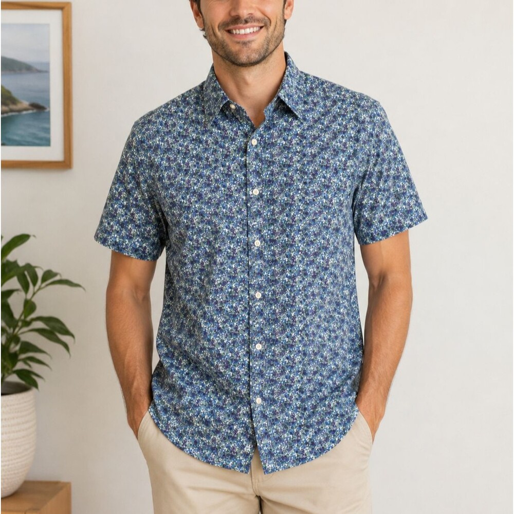 J.Crew Secret Wash Floral Button Down Cotton Shirt Blue Green Classic Fit Medium